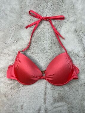 Victorias Secret Bikini Push Up 34C Coral Pink Shimmer Halter Top Twist Front